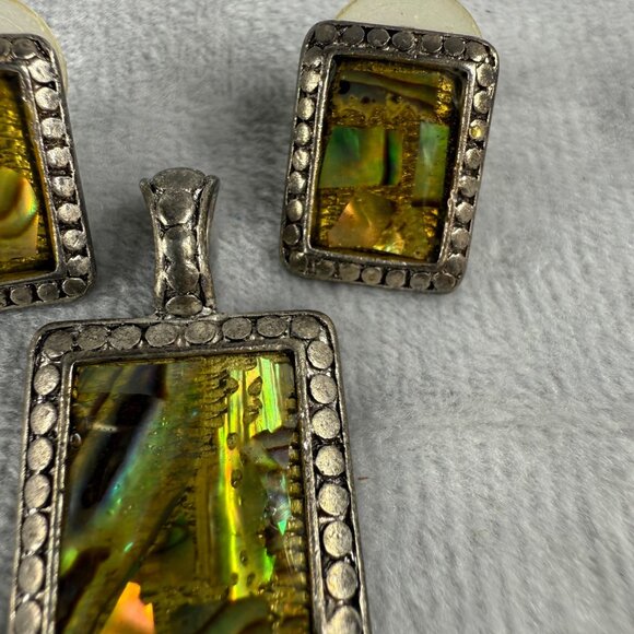 Vintage Silver Tone Pendant & Earrings Set Iridescent Abalone Shell Insets - Picture 10 of 16